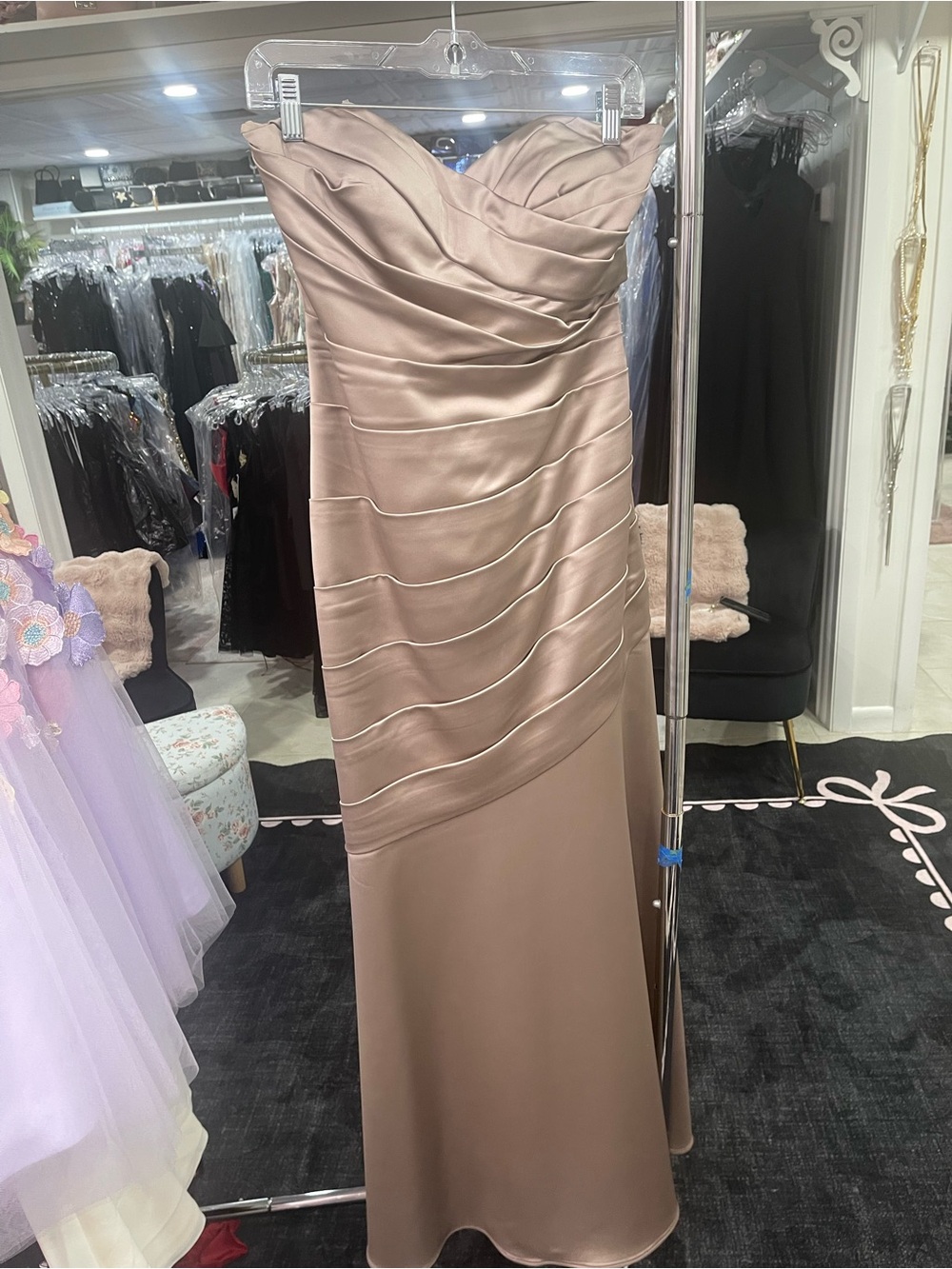 David's Bridal Strapless Ruched Satin Gown in Taupe